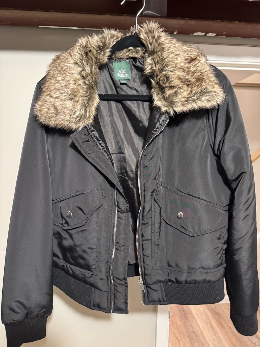 wild fable Black Bomber Jacket with Faux Fur Trim